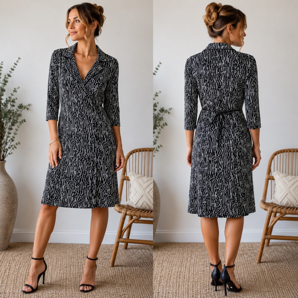 L 129 Vintage Jodi Kristopher Black White Abstract Print Collared Career Dress